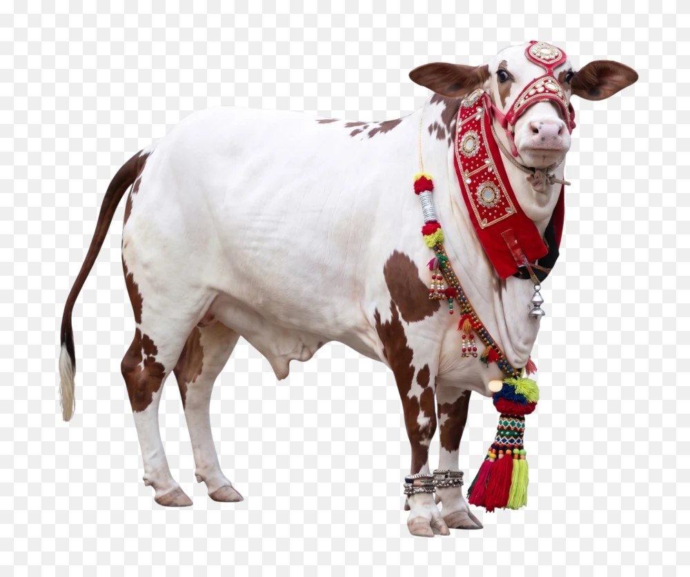 Decorated White and Brown Cow PNG  Transparent Background