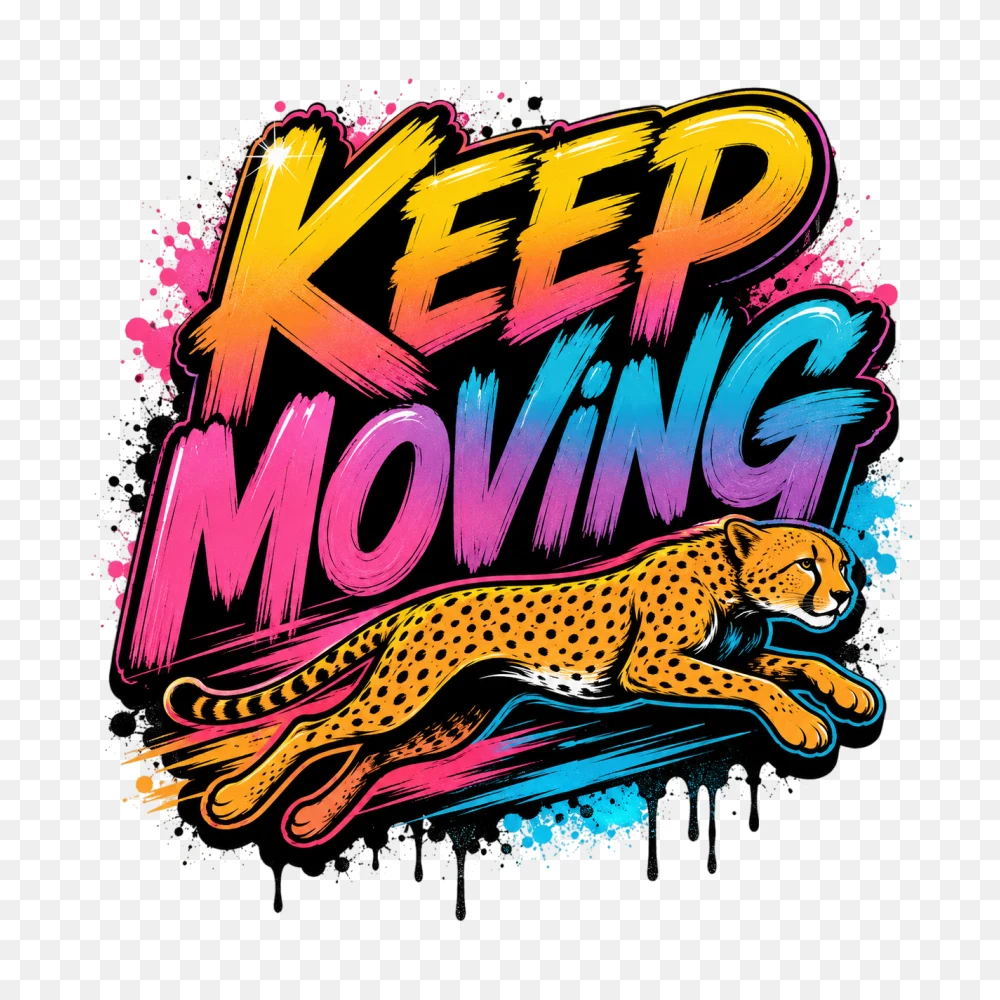 Retro Neon Cheetah "Keep Moving" PNG Transparent Background  Transparent Background