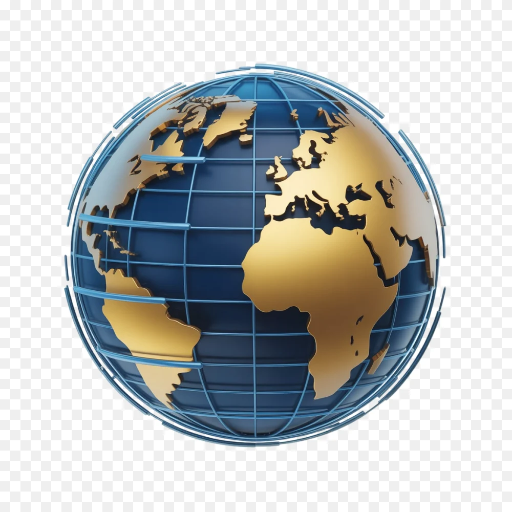 3D Gold and Blue Metallic World Globe PNG  Transparent Background