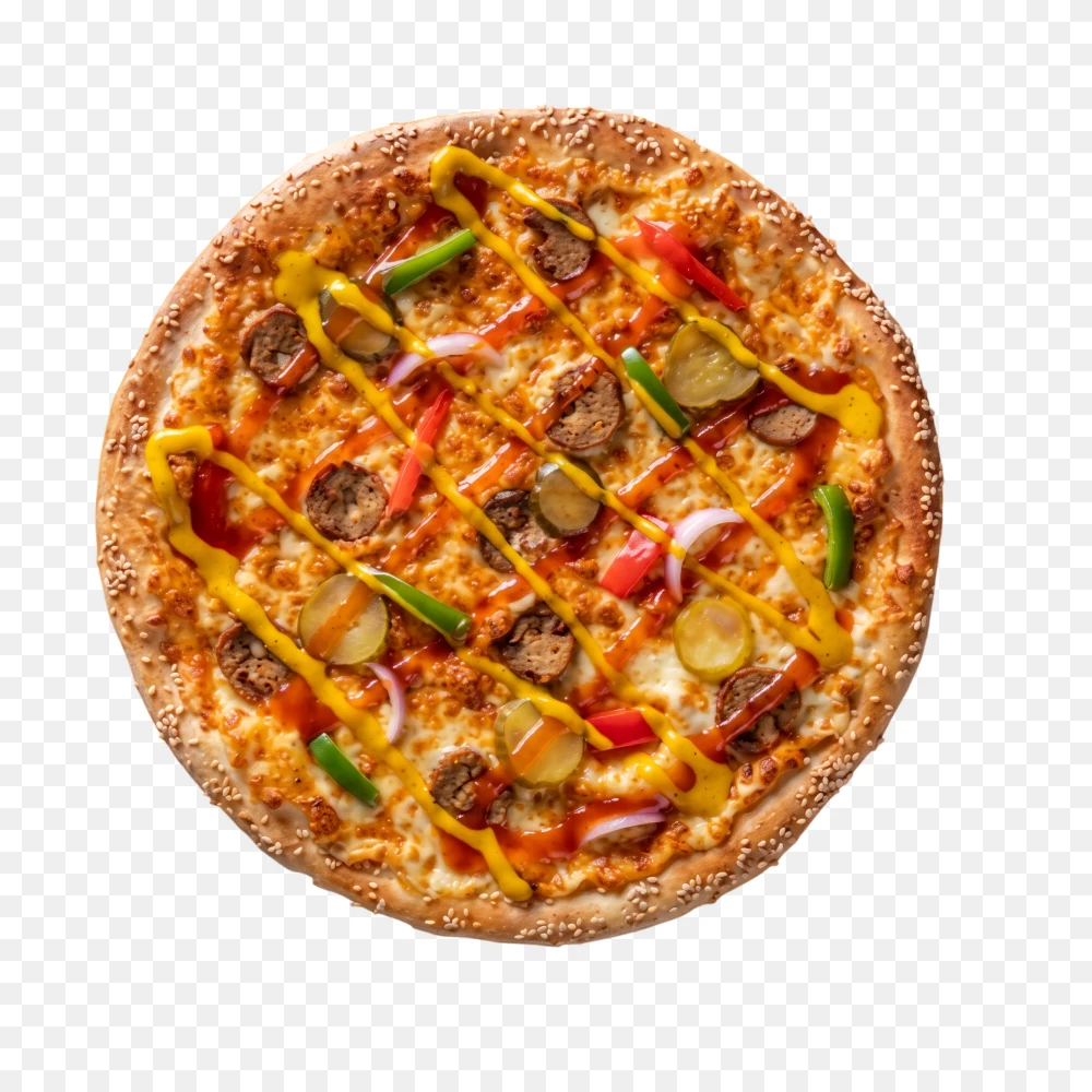Top View Chicken Kebab Pizza with Mustard Drizzle PNG  Transparent Background