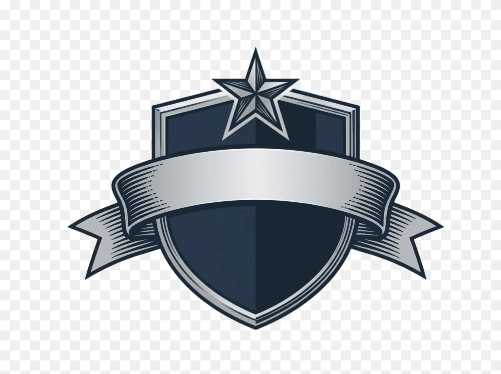 Metallic Silver Shield Badge with Star and Ribbon PNG  Transparent Background