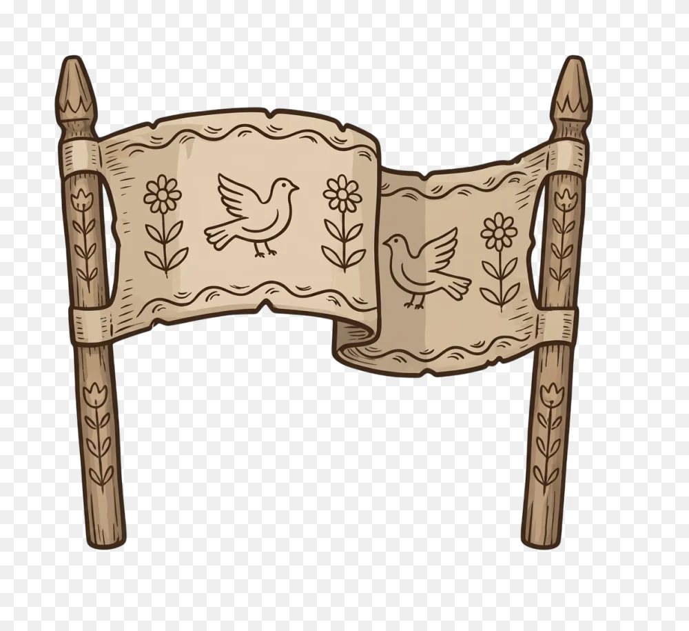 Vintage Hand-Drawn Scroll with Doves and Flowers PNG Transparent Background