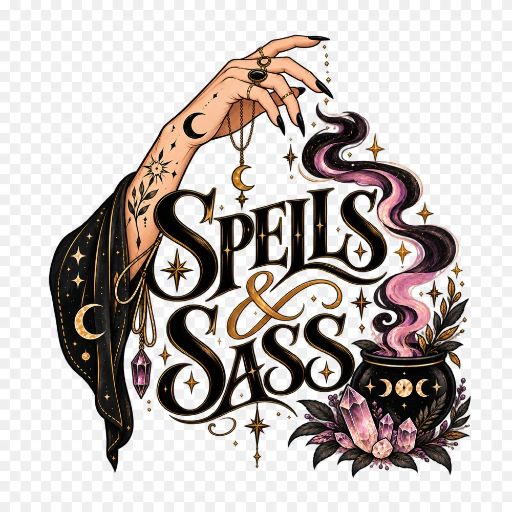 Spells and Sass Witchy Cauldron Typography Illustration Png  Transparent Background