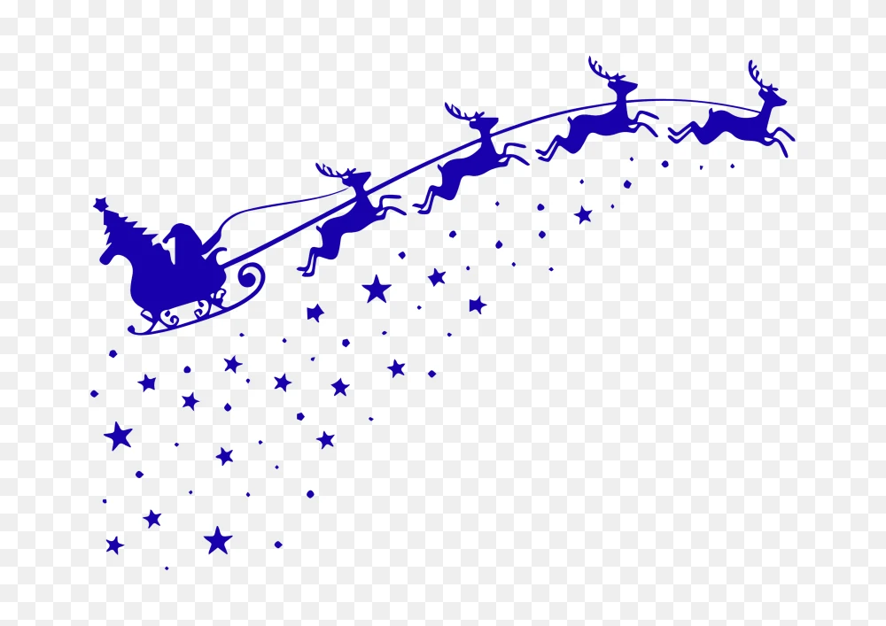 Blue Santa Sleigh Reindeer and Stars Silhouette PNG Transparent Background