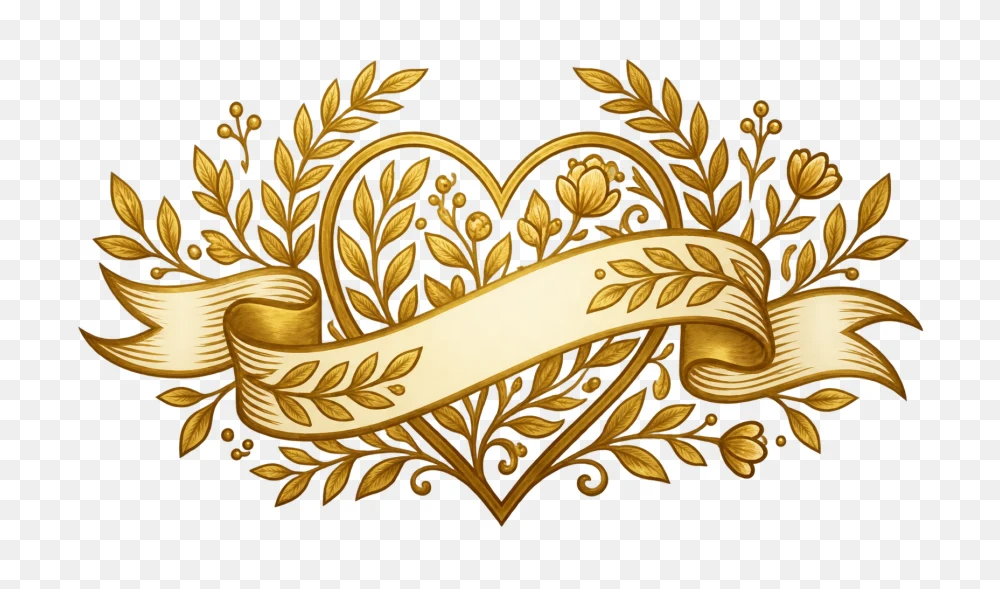 Golden Heart With Scroll Banner Transparent Background PNG Transparent Background