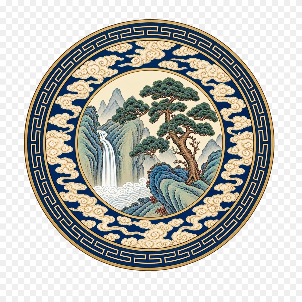 Traditional Chinese Circular Painting with Waterfall and Pine Tree PNG  Transparent Background